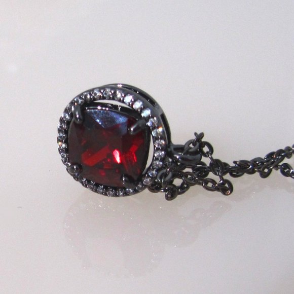 WHBM Red Cubic Zirconia Solitaire Necklace Halo Hematite - Picture 4 of 5